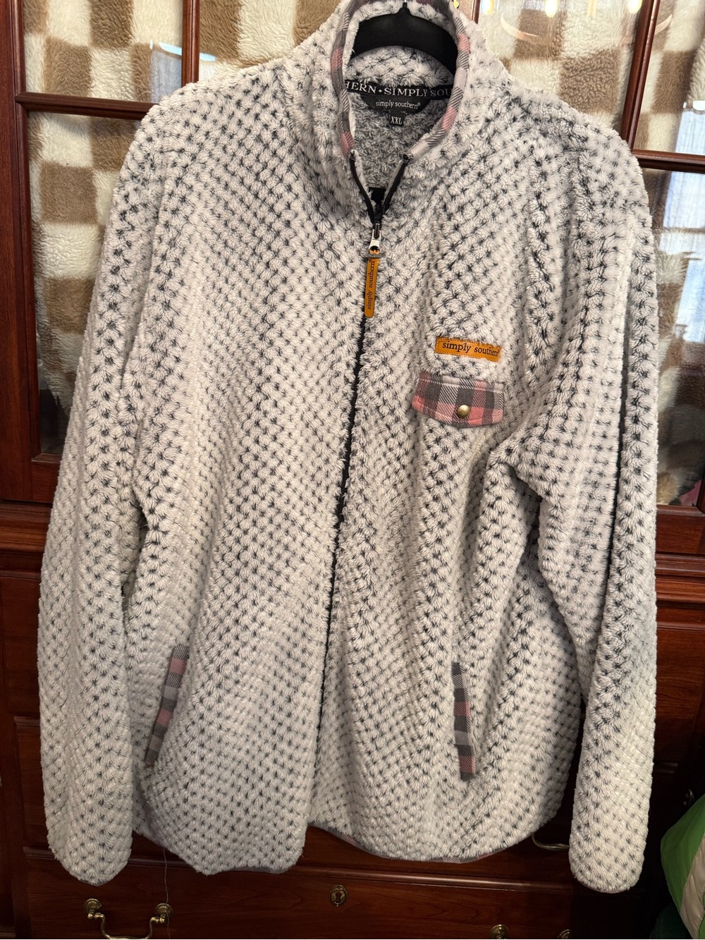 Simply Southern Plush Fleece Jacket in Light Gray with Pink Trim